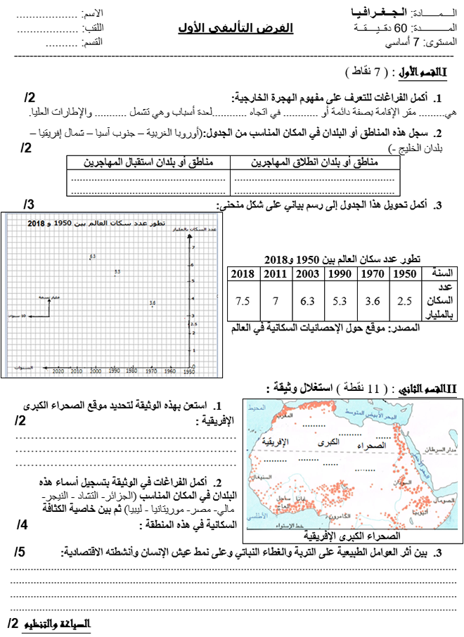 فرض تأليفي عدد 1 في الجغرافيا ثلاثي أول 7أساسي مثال1