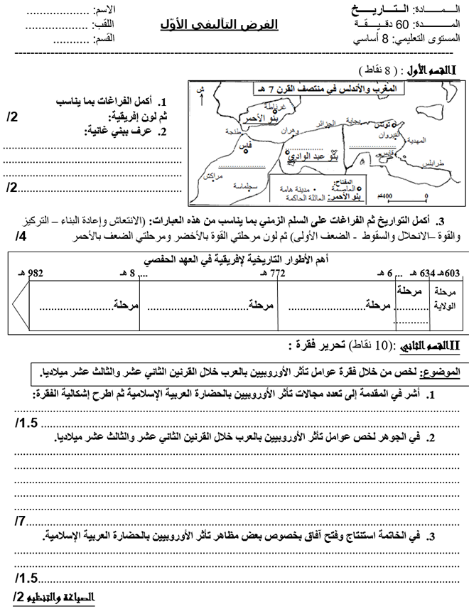 فرض تأليفي عدد 1 في التاريخ ثلاثي أول 8أساسي مثال1