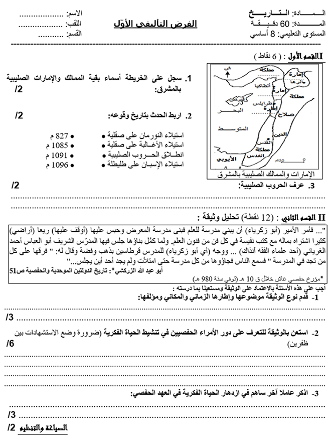 فرض تأليفي عدد 1 في التاريخ ثلاثي أول 8أساسي مثال1