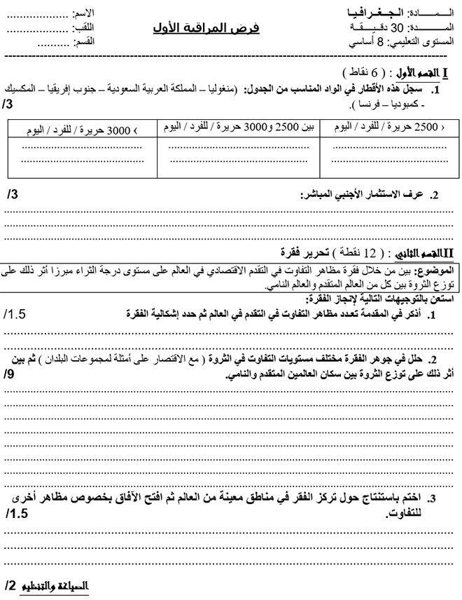 فرض مراقبة عدد 1 في الجغرافيا ثلاثي أول 8أساسي مثال1